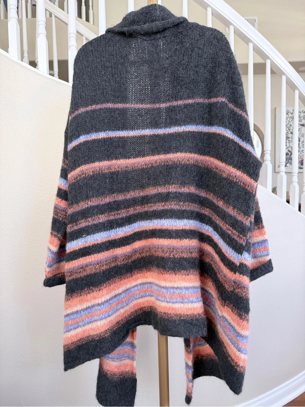Free People vintage Charcoal Striped Open-Front Cardigan with Rust & Blue